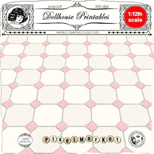 Miniatur BADEZIMMER-BODEN Pink & Creme karierte Marmor Bodenfliesen printable Download digitales Blatt für 1-Zoll-Puppenhaus-Diorama Roombox
