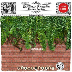DIORAMA Miniature Garden Backdrop Printable BRICK WALL with Hanging Ivy Wallpaper Download for 1/12 Dollhouse Roombox Outdoor Scene Decor
