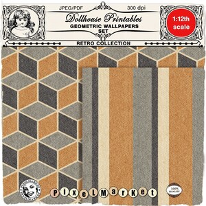 Dollhouse RETRO WALLPAPERS SET Sfondi 3D in miniatura con cubi e strisce Scarica il foglio stampabile per il diorama roombox della casa delle bambole in scala 1/12