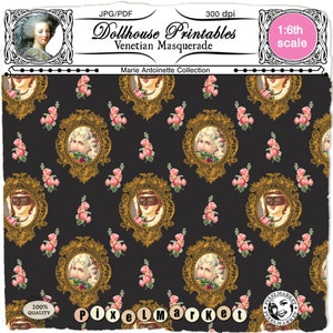 PUPPENHAUS ""Venetian Masquerade"" 1/12 Schwarzes TAPETE WALLPAPER mit goldenen Medaillons Printable Vorlage für Puppenhaus Roombox Diorama Booknook."