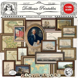 Patron de Tableaux et cartes anciennes miniatures de Marine pour décor 1/12 de maison de poupée, diorama nautique, roombox cabine de bateau