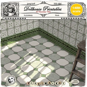 May include: A printable dollhouse flooring tile set in an Art Nouveau style. The tiles are white with green accents and feature an octagonal pattern. The tiles are designed for a 1:48th scale dollhouse.