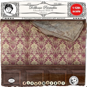 Abandoned Herrenhaus Diorama druckbare Set von 2 DAMAGED Damask WALLPAPERS & WAINSCOT Instant Download für 1/12 Puppenhaus Booknook Roombox
