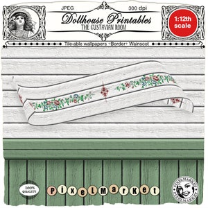 DOLLHOUSE printable Wood plank WALLPAPER & WAINSCOT Country swedish Gustavian miniature folk wallpaper Download for Diorama Roombox Booknook