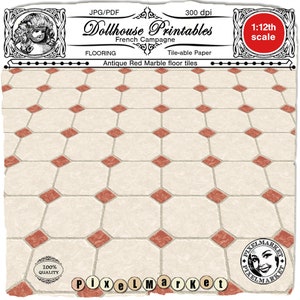 DOLLHOUSE French Country tiles 1/12 Antique Red Marble Floor Tiles Printable Sheet Download for 1 in. Dollhouse Diorama Roombox Booknook