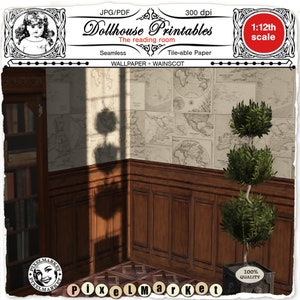 DOLLHOUSE 1/12e Miniatuur Bibliotheek WALLPAPER w / PANEL Oude kaart Antieke wallpaper Wood wainscot Afdrukbare download Roombox Diorama Pixelmarket