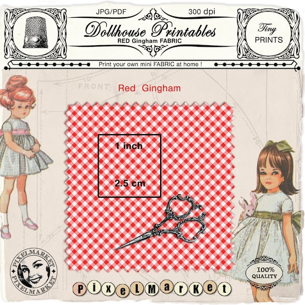 Dollhouse PRINTABLE miniature FABRIC texture Red GINGHAM 1:12th barbie Digital download Iron on Transfer for doll house diorama roombox