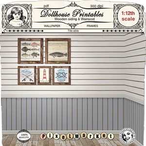DOLLHOUSE printable coastal beadboard wallpaper Cabin log SIDING Beach cottage shiplap Wooden plank Download for Diorama Book nook Room box