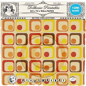 PUPPENHAUS 60er 70er WALLPAPER Miniatur retro gelb rot Tapete Printable Sheet download für 1/24 Puppenhaus Buchecke Roombox Diorama