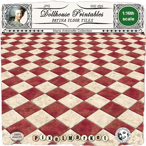 DOLLHOUSE FLOORING with patina 1/16th Red & Ivory Aged diamond Floor tiles Printable sheet download for Diorama Roombox DIY Book nook