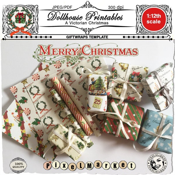 Dollhouse printable WRAPPING PAPERS TEMPLATES Set of 12 Miniature Christmas giftwraps Digital sheet download Papercraft for 1/12th roombox