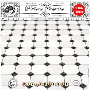 Puede incluir: Azulejos de suelo de forma de diamante en blanco y negro en un modelo imprimible para casa de muñecas a escala 1:12. El imprimible es enlosable y se puede utilizar para suelos, paredes u otros proyectos de casas de muñecas.