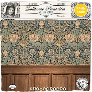 DOLLHOUSE Printable William Morris WALLPAPER Wood Wainscot 1/48 Antique Victorian miniature wallpaper download for Book nook Roombox Diorama