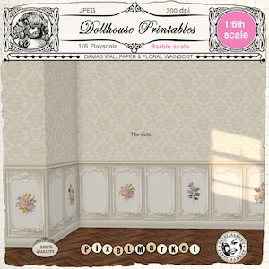 DOLLHOUSE Printable Barbie scale Damask WALLPAPER with WAINSCOTING Digital sheet download 1/6 Miniature wallpaper for playscale roombox