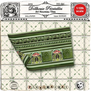 Puppenstube Druckbare JUGENDSTIL Tapete mit Bordüre Viktorianische Küchenfliesen für 1/12. Miniatur Puppenhaus Diorama Zimmerbox Buch Nook