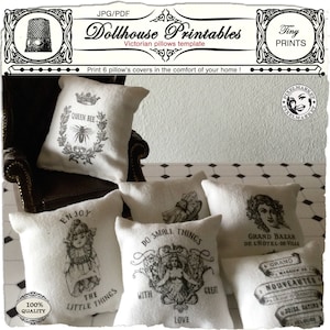 Dollhouse PILLOW Set of 6 Printable Cushions TEMPLATE Miniature pillow&#39;s covers download for 1&quot; to Playscale dollhouse diorama roombox DIY