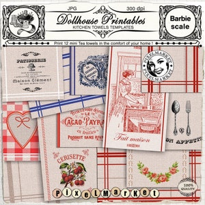 Casa de bonecas PRINTABLES 12 toalhas de chá francesas em miniatura modelo digital download 1/6 escala Barbie pano de prato para cozinha Playscale