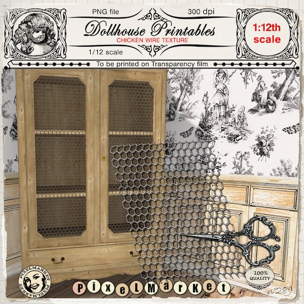 Maison de poupée 1/12 échelle miniature CHICKEN WIRE Papier peint imprimable pour couvrir armoire rustique, clôture, décor de ferme, boîte de chambre, téléchargement numérique