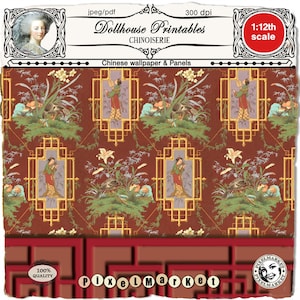 Carta da parati e pannelli Chinoiserie stampabili per casa delle bambole Carta da parati cinese Scarica per 1/12 miniatura della casa delle bambole booknook diorama roombox
