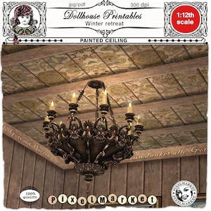 Dollhouse decorated rustic CEILING Printable miniature painted wood ceiling beam sheet download for 1" doll's house booknook diorama roombox