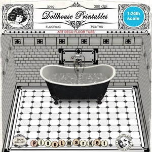 Pode incluir: Um banheiro de casa de bonecas preto e branco com uma banheira branca, uma torneira preta e um piso de ladrilho preto e branco. O texto "Art Deco Floor Tiles" está acima do banheiro.
