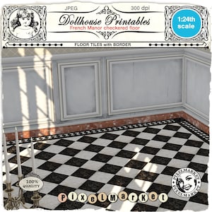 DOLLHOUSE FLOORING 1/24th  Marble Checkered Flooring w/ border and plinth Diamond floor tiles Printable sheet download Diorama Roombox