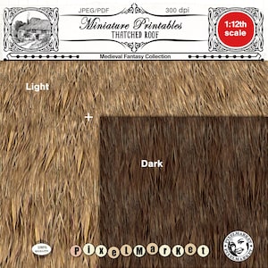 Dollhouse THATCH ROOF SET of 2 Printable Rustic Straw Roof Wallpapers, Download for 1/12 Medieval Cottage, Fairy House & Historical Model