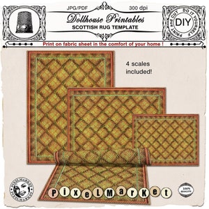 Dollhouse miniature Scottish RUG Printable textured carpet template to download and print at home on fabric sheet  Many sizes included