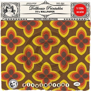 PUPPENHAUS 70er Jahre Floral WALLPAPER Miniatur retro orange & gelb Tapete Printable Sheet download für 1:12 Puppenhaus Roombox Diorama