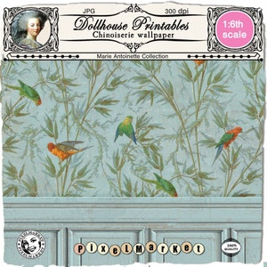 May include: A digital printable dollhouse wallpaper featuring a Chinoiserie design with green bamboo leaves and colorful birds on a light blue background. The text "Dollhouse Printables Chinoiserie wallpaper Marie Antoinette Collection 1:6th scale" is at the top of the image.