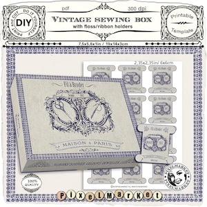 Printable SEWING BOX TEMPLATE Vintage Storage box w/ Ribbon Holders Thread & Floss Organizer Digital Collage sheet Download Diy Papercraft
