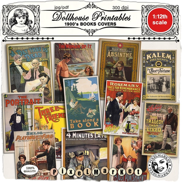Modèle de couvertures de livres miniatures des années 1900 Couvertures de romans vintage imprimables 1/12e Téléchargement instantané pour Dollhouse Diorama Roombox Booknook