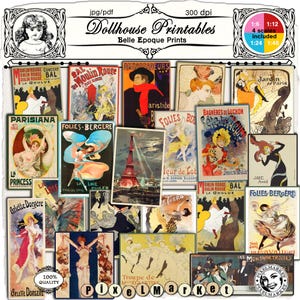 CARTELES miniatura de CASA DE MUÑECAS Plantilla imprimible Impresiones Belle Epoque 4 escalas incluidas, Descarga para diorama de casa de muñecas Roombox Booknook