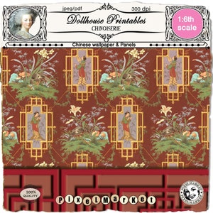 Carta da parati e pannelli cineserie stampabili per casa delle bambole Foglio di carta da parati asiatica Scarica per 1/6 miniatura della casa delle bambole booknook diorama roombox