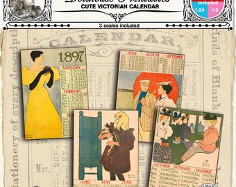 May include: A vintage calendar printable featuring a Victorian-era design with illustrations of people and a calendar for each month of the year 1897. The printable is available in three sizes: 1:12, 1:24, and 1:6.