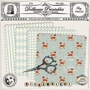 May include: Three printable nursery fabric designs featuring a blue and white gingham pattern, a blue and white diamond pattern, and a blue pattern with red and brown dogs and white stars. The text "Dollhouse Printables" and "Tiny Prints" is included in the image. The image also includes a pair of silver scissors and a ruler measuring 1 inch and 2.5 cm.