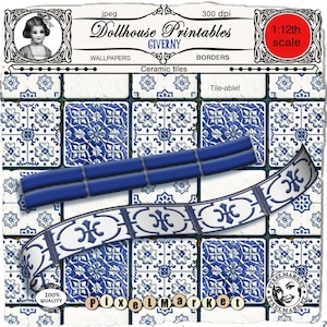 Puede incluir: Imprimible de azulejos de cerámica azul y blanco para la decoración de casas de muñecas. Los azulejos presentan un patrón repetitivo de diseños florales azules y blancos. El imprimible es a escala 1:12 y se puede colocar en mosaico.