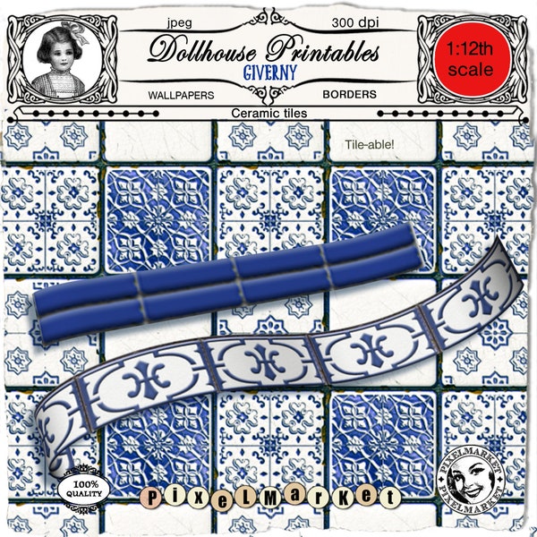 Papier peint cuisine miniature carreau bleu et blanc pour maison de poupées Book nook Diorama format 1/12 Feuille imprimable à télécharger