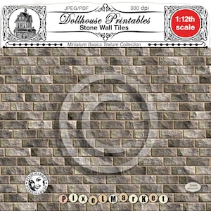 Printable Brick wallpaper Weathered Gray Stone Wall Tiles 1/12 Building texture for Dollhouse Diorama Roombox Booknook Instant download DIY