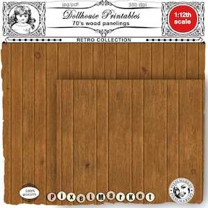 WALL PANELING druckbare Set von 2 Miniatur Retro Tapeten 70er Jahre rustikalen Charme Dekor für 1/12 Puppenhaus Diorama Roombox Booknook