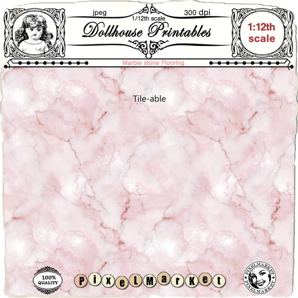 DOLLHOUSE stampabile 1/12 Carta da parati e texture in marmo rosa in miniatura per rivestire pareti, pavimenti, ripiani, mensole, caminetti, decorazioni per negozi