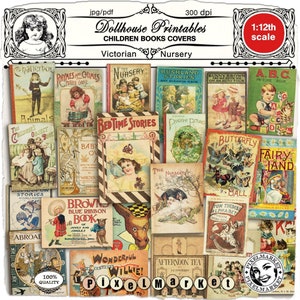 1/12 COPERTINE PER LIBRI PER LA NURSERY VITTORIANA Modello stampabile Download immediato per la decorazione della stanza dei bambini della casa delle bambole Diorama Roombox Booknook