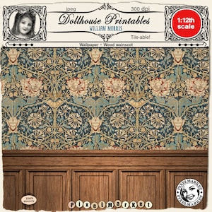 DOLLHOUSE Printable William Morris WALLPAPER Wood Wainscot 1/12 Antique Victorian miniature wallpaper download for Book nook Roombox Diorama