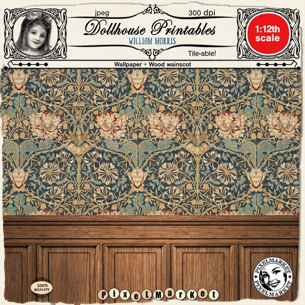 DOLLHOUSE Printable William Morris WALLPAPER Wood Wainscot 1/12 Antique Victorian miniature wallpaper download for Book nook Roombox Diorama