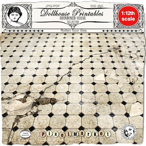 May include: Digital image of "Rotten floor tiles" for dollhouses. The tiles are off-white with black diamond accents, showing signs of wear and tear, including cracks and missing pieces. The image includes text: "Dollhouse Printables" and "1:12th scale."