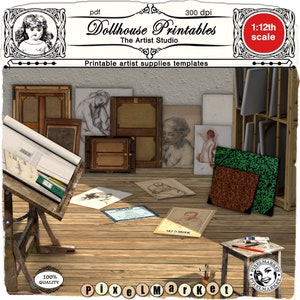DIY 1/12 Miniature ARTIST STUDIO Materials Vorlage Download druckbare Leinwand Miniatur Skizzenbuch Zeichnungen Portfolio für Puppenhaus Diorama