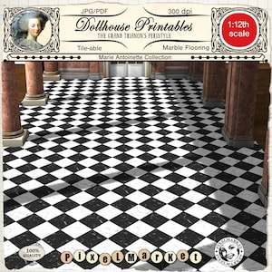 Puede incluir: Baldosa de suelo de mármol en blanco y negro para imprimir para casas de muñecas. La baldosa es a escala 1:12 y forma parte de la colección Marie Antoinette. La imagen muestra una habitación de casa de muñecas con columnas y un suelo de ajedrez en blanco y negro.