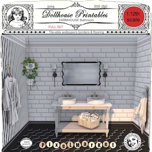 DollHOUSE carte da parati stampabili con bordo e pavimento esagonale nero per 1/12 Casale Bagno o Cucina Subway piastrelle Stripe wallpaper