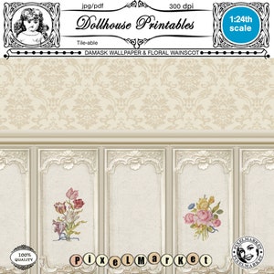 CARTA DA PARATI DAMASCO stampabile per CASA DELLE BAMBOLE con RIVESTIMENTO in legno Scarica foglio digitale Carta da parati in miniatura per diorama roombox in scala 1/24