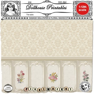 DOLLHOUSE printable Damask WALLPAPER with WAINSCOTING Digital sheet download Miniature wallpaper for 1 12th scale roombox diorama